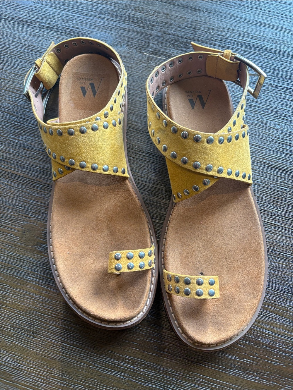 Vanessa Wu Yellow Suede Studded Toe-Ring Sandals